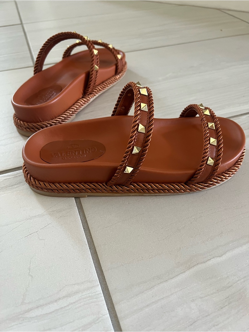 Brown Leather Studded Slide Sandals with Gold Accents/ Comes in Red Box